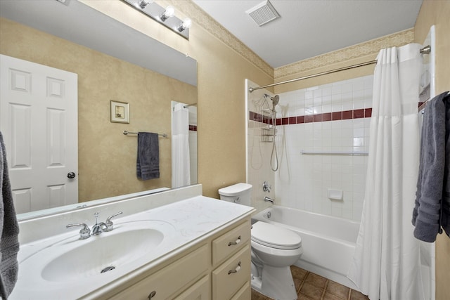 full bathroom with toilet, vanity, tile patterned floors, and shower / bathtub combination with curtain