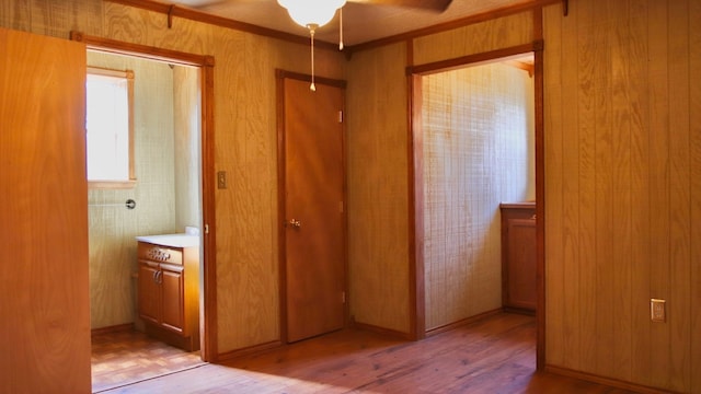 interior space with wooden walls and light hardwood / wood-style flooring