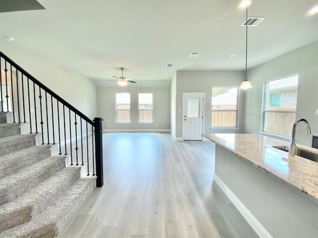 interior space with light hardwood / wood-style flooring, a healthy amount of sunlight, sink, and ceiling fan