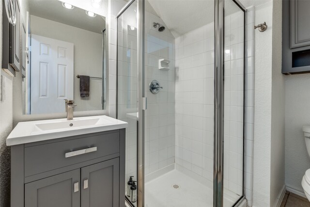 bathroom featuring a shower with door, vanity, and toilet