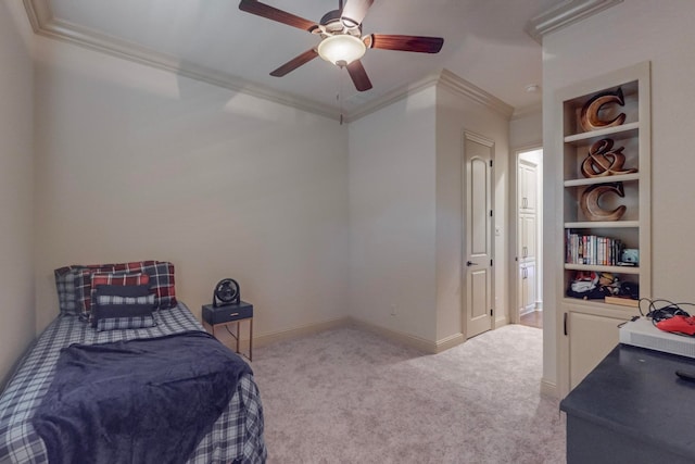 bedroom featuring ceiling fan, crown molding, and light colored carpet