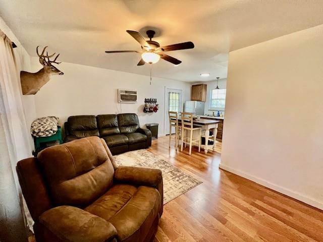 living room with ceiling fan, a wall mounted air conditioner, and light hardwood / wood-style flooring