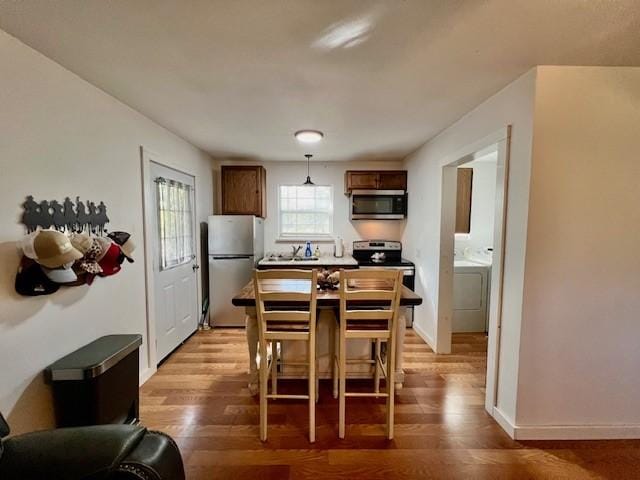 kitchen with hanging light fixtures, light hardwood / wood-style flooring, and stainless steel appliances