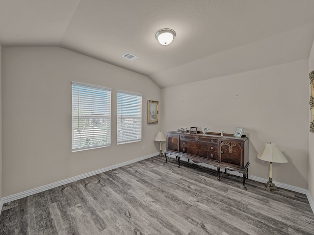 interior space featuring wood-type flooring and vaulted ceiling