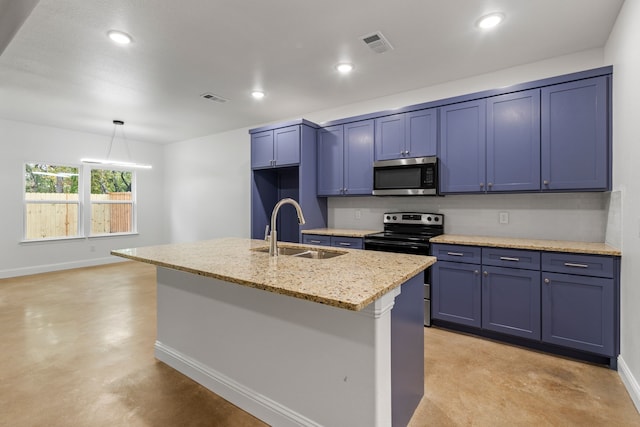 kitchen featuring light stone counters, a center island with sink, stainless steel appliances, hanging light fixtures, and sink