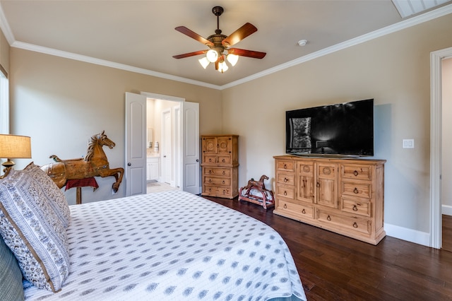 bedroom with dark hardwood / wood-style flooring, ornamental molding, connected bathroom, and ceiling fan