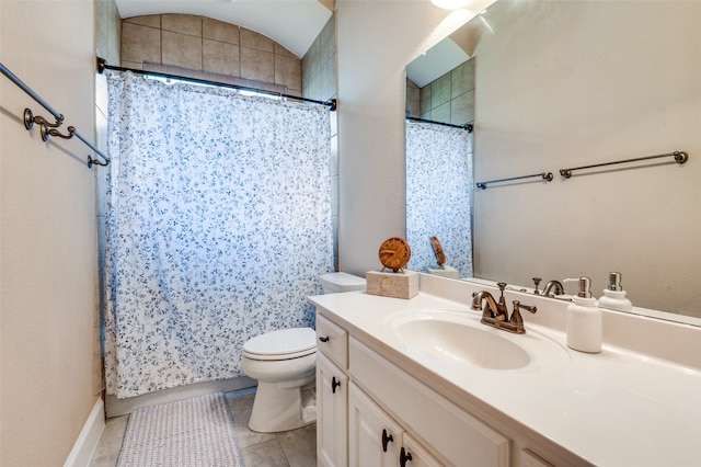 bathroom with tile patterned flooring, vanity, toilet, and a shower with curtain