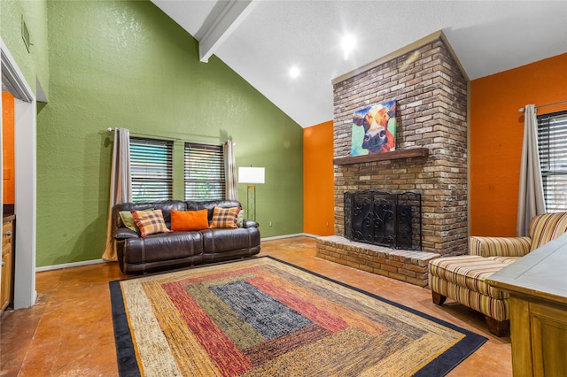 tiled living room featuring a brick fireplace, beamed ceiling, a healthy amount of sunlight, and high vaulted ceiling