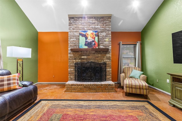 living room featuring a brick fireplace and vaulted ceiling