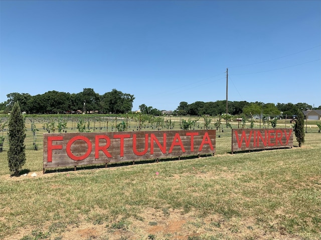 community / neighborhood sign featuring a rural view and a lawn