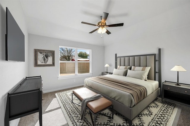 bedroom with ceiling fan and light carpet