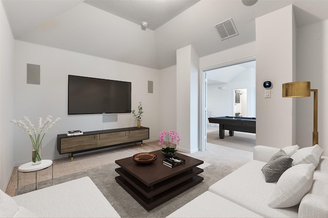 living room featuring pool table and light carpet