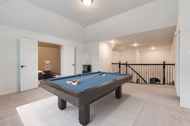 rec room featuring billiards, lofted ceiling, and carpet flooring