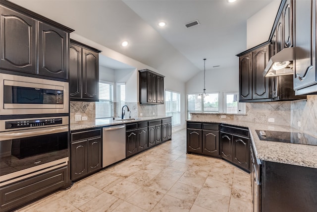 kitchen with lofted ceiling, sink, hanging light fixtures, a wealth of natural light, and stainless steel appliances