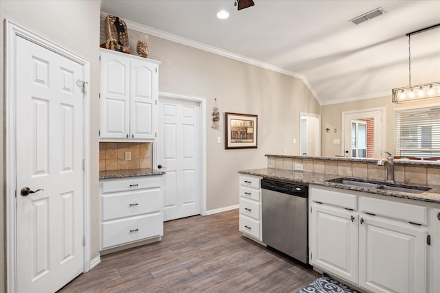 kitchen with white cabinetry, sink, dark stone countertops, stainless steel dishwasher, and dark hardwood / wood-style flooring