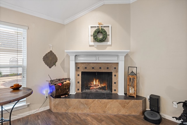 details featuring hardwood / wood-style floors, a tiled fireplace, and crown molding