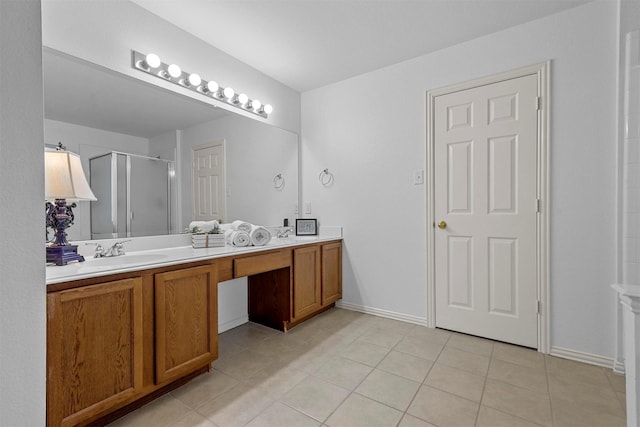 bathroom with tile patterned floors, vanity, and a shower with shower door