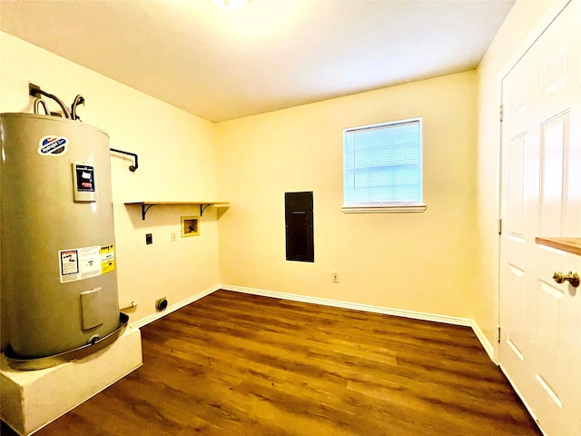 washroom with washer hookup, gas dryer hookup, dark wood-type flooring, water heater, and electric panel