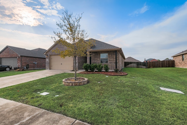 ranch-style house featuring a garage and a front yard