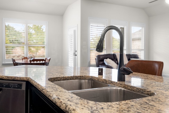 kitchen with stainless steel dishwasher, plenty of natural light, sink, and lofted ceiling