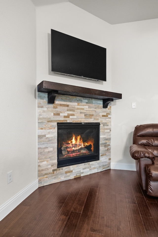 details with a fireplace and hardwood / wood-style flooring