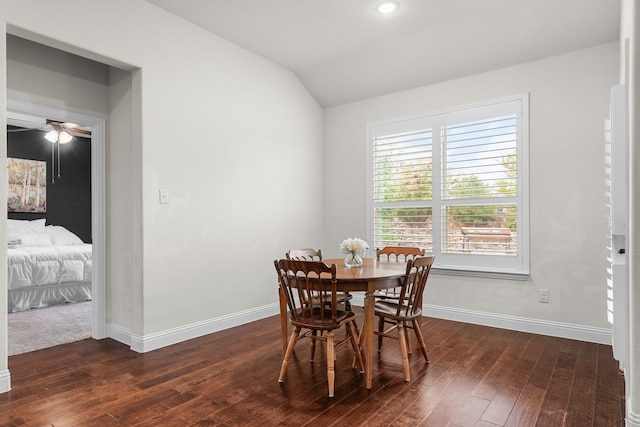 dining room with lofted ceiling, ceiling fan, and dark hardwood / wood-style flooring