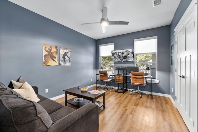 interior space featuring ceiling fan and light hardwood / wood-style flooring