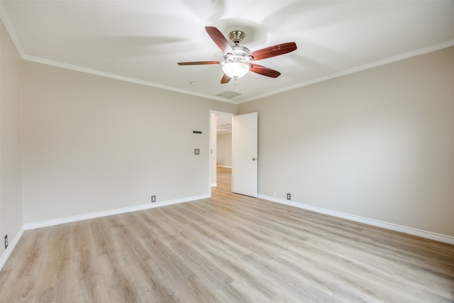 empty room with ceiling fan, light hardwood / wood-style flooring, and crown molding