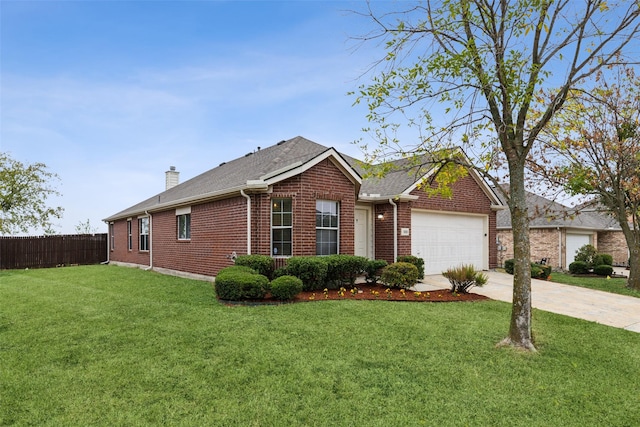 ranch-style home featuring a front lawn and a garage