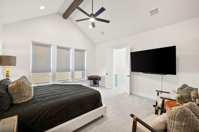 bedroom with light colored carpet, visible vents, high vaulted ceiling, beamed ceiling, and baseboards