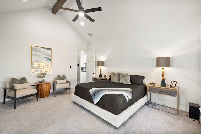 bedroom with visible vents, a ceiling fan, carpet, high vaulted ceiling, and beam ceiling