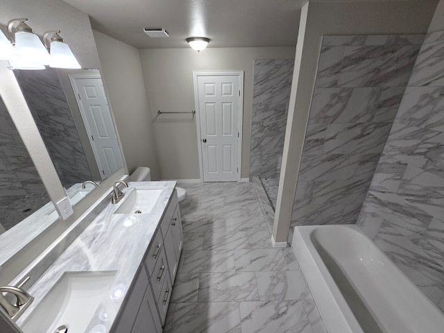 full bathroom with separate shower and tub, vanity, and toilet