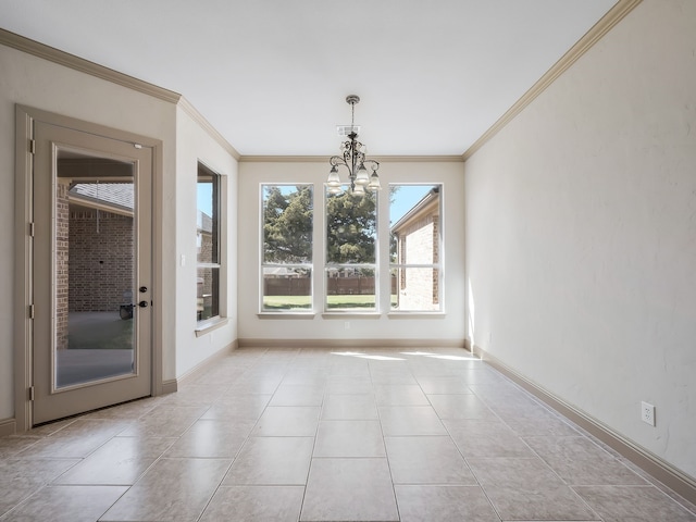 unfurnished dining area with ornamental molding, a notable chandelier, and light tile patterned flooring