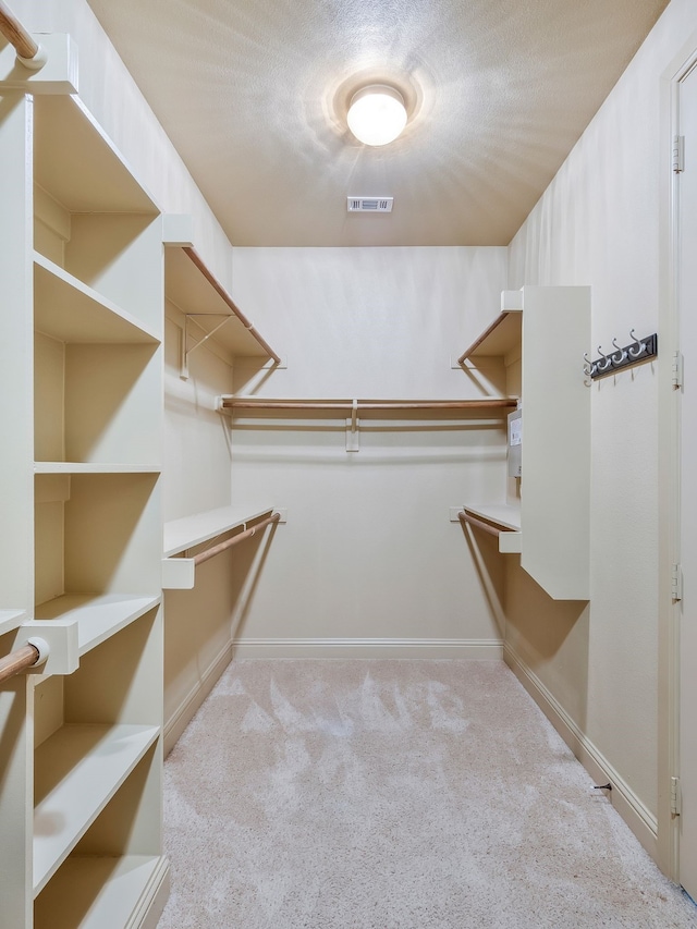 walk in closet with light colored carpet