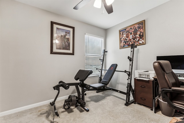 carpeted office with ceiling fan