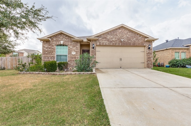 ranch-style house with a garage and a front yard