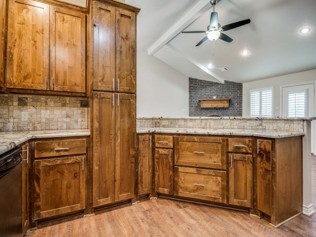 kitchen with tasteful backsplash, lofted ceiling with beams, dishwasher, kitchen peninsula, and light hardwood / wood-style floors