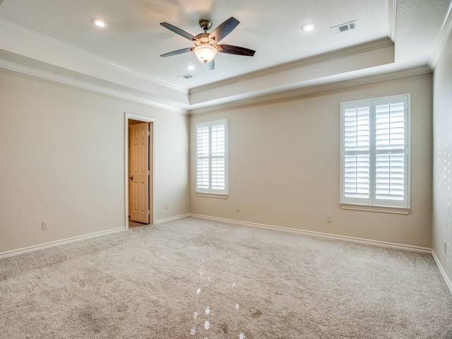 carpeted empty room featuring a raised ceiling, ornamental molding, and a healthy amount of sunlight