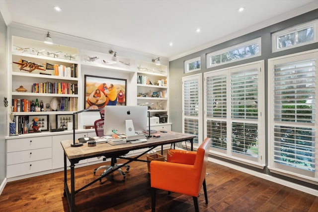 home office featuring ornamental molding and dark hardwood / wood-style floors