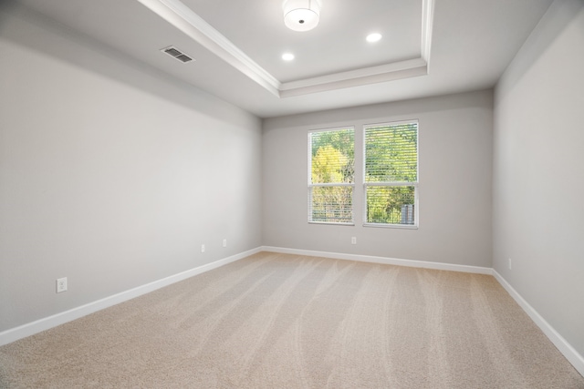 carpeted empty room with crown molding and a raised ceiling