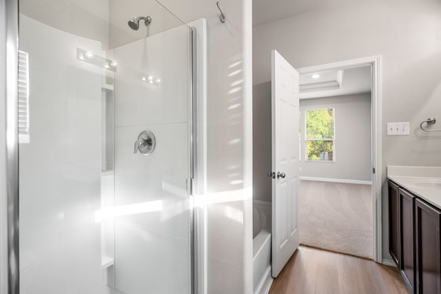 bathroom featuring hardwood / wood-style floors, a shower with shower door, and vanity