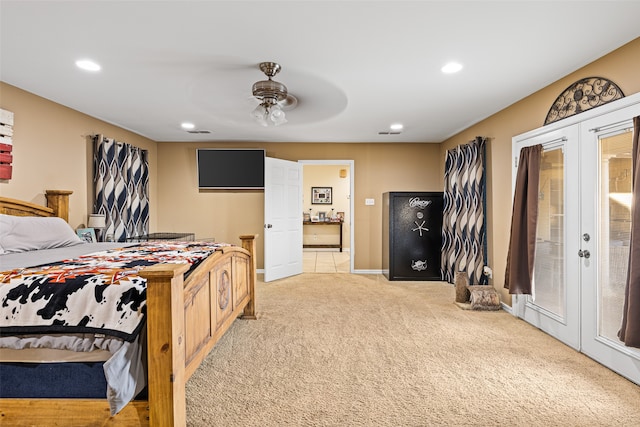 bedroom featuring french doors, light colored carpet, ceiling fan, and access to exterior