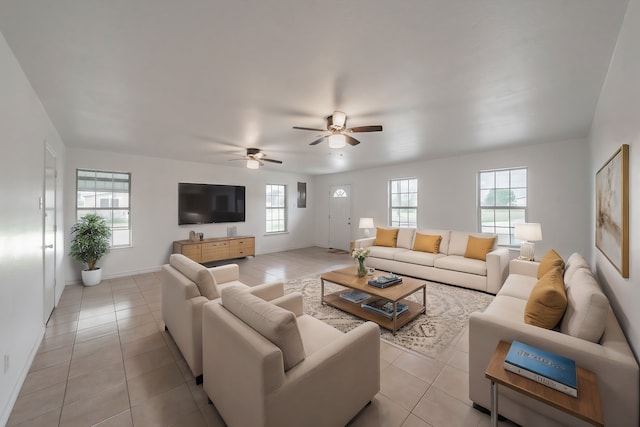 tiled living room featuring ceiling fan