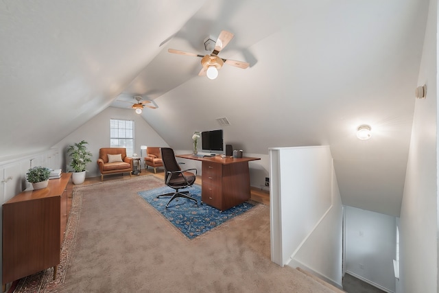 office with carpet, vaulted ceiling, and ceiling fan