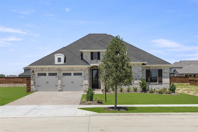 french provincial home featuring a garage and a front lawn