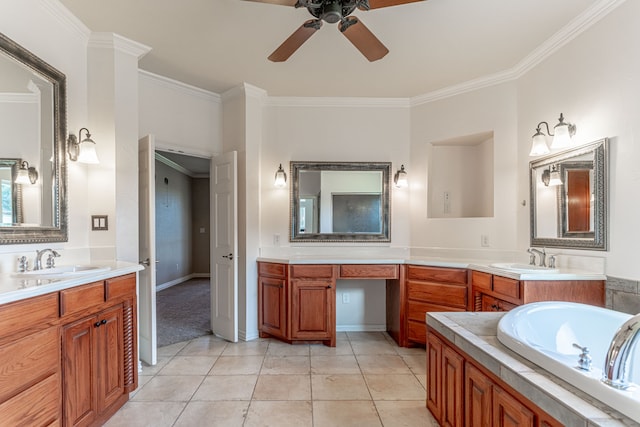 bathroom featuring ceiling fan, vanity, tile patterned floors, and ornamental molding