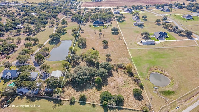 birds eye view of property featuring a rural view and a water view