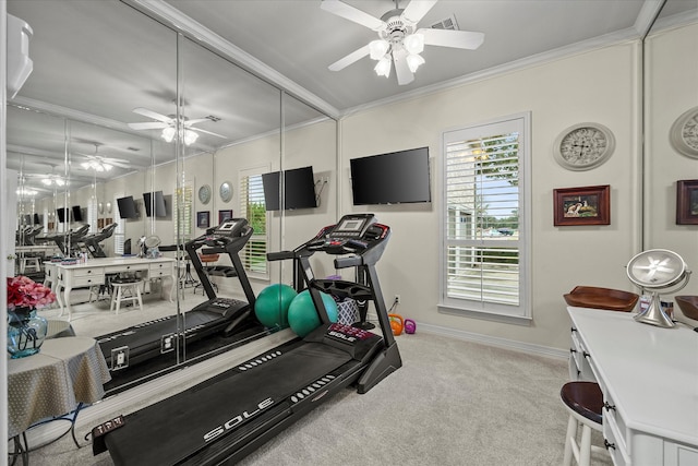 workout area with ornamental molding, light colored carpet, and ceiling fan