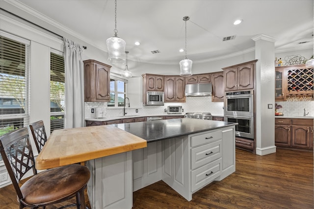 kitchen featuring ornamental molding, stainless steel appliances, dark wood-type flooring, and sink