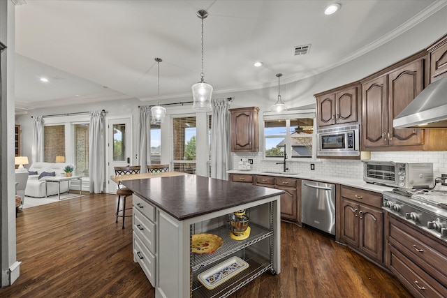 kitchen with stainless steel appliances, hanging light fixtures, dark wood-type flooring, and a center island